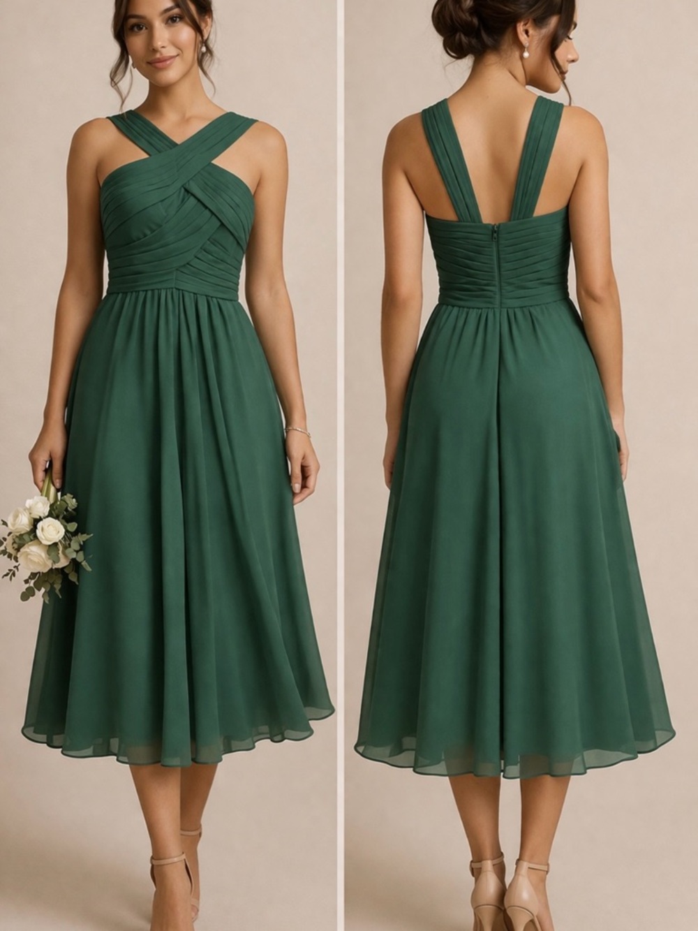 Azazie Forest Green Crossed-Strap Midi Dress
